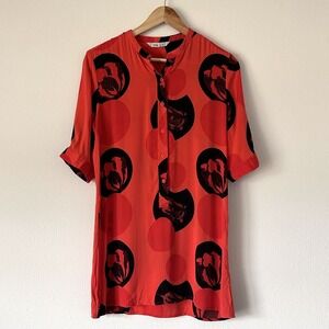 TUCKER Small‎ Silk Jacquard Short Sleeve Popover Blouse Tunic Red Orange